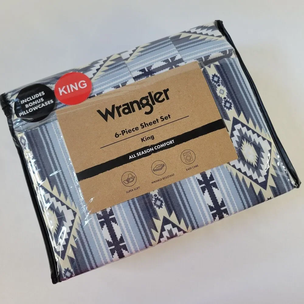 Wrangler Blue Cream KING 6pc Sheets Set Southwestern Geometric Aztec Diamond